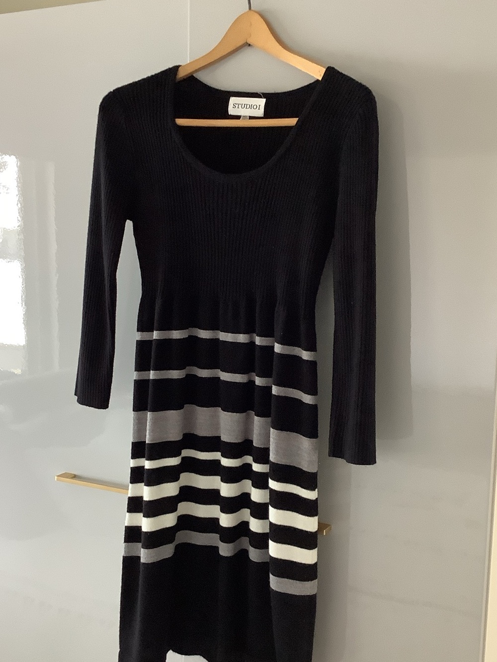 Studio Black Knit Scoop-Neck Long Sleeve Dress with Gray and White Stripes